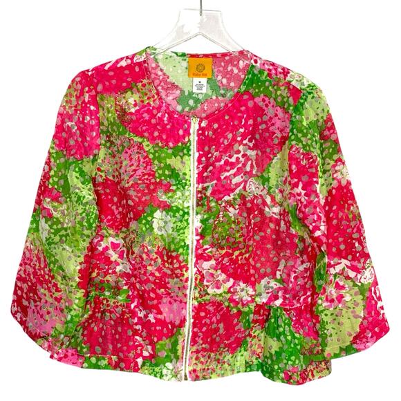 Ruby Road 10 Pink Green Bright Floral Semi Sheer Full Zip Topper Jacket - Picture 1 of 9